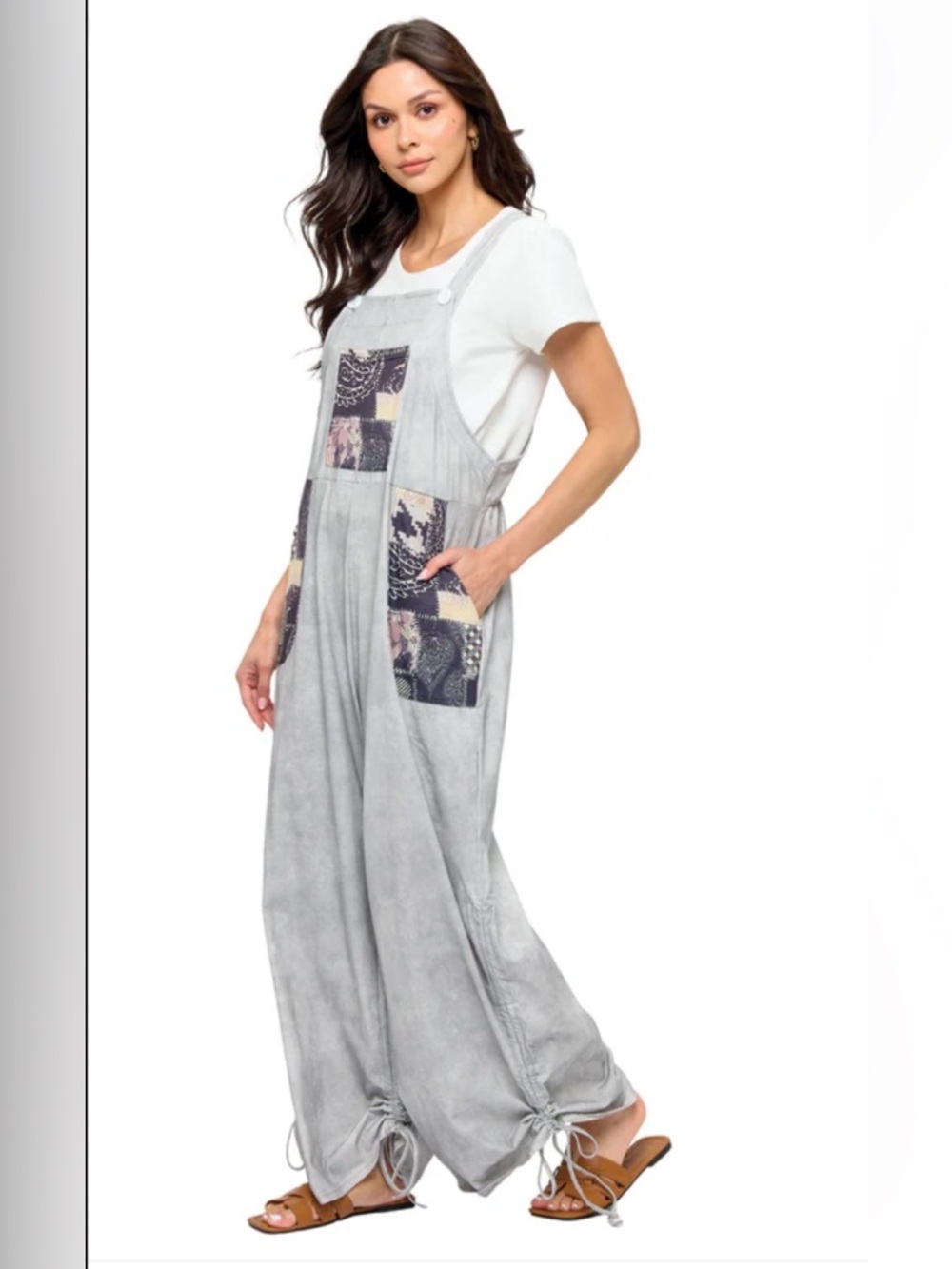 New Floral Mandala Patchwork Grey Adjustable Drawstring Hem Overall/Jumpsuit S/M - Picture 2 of 10